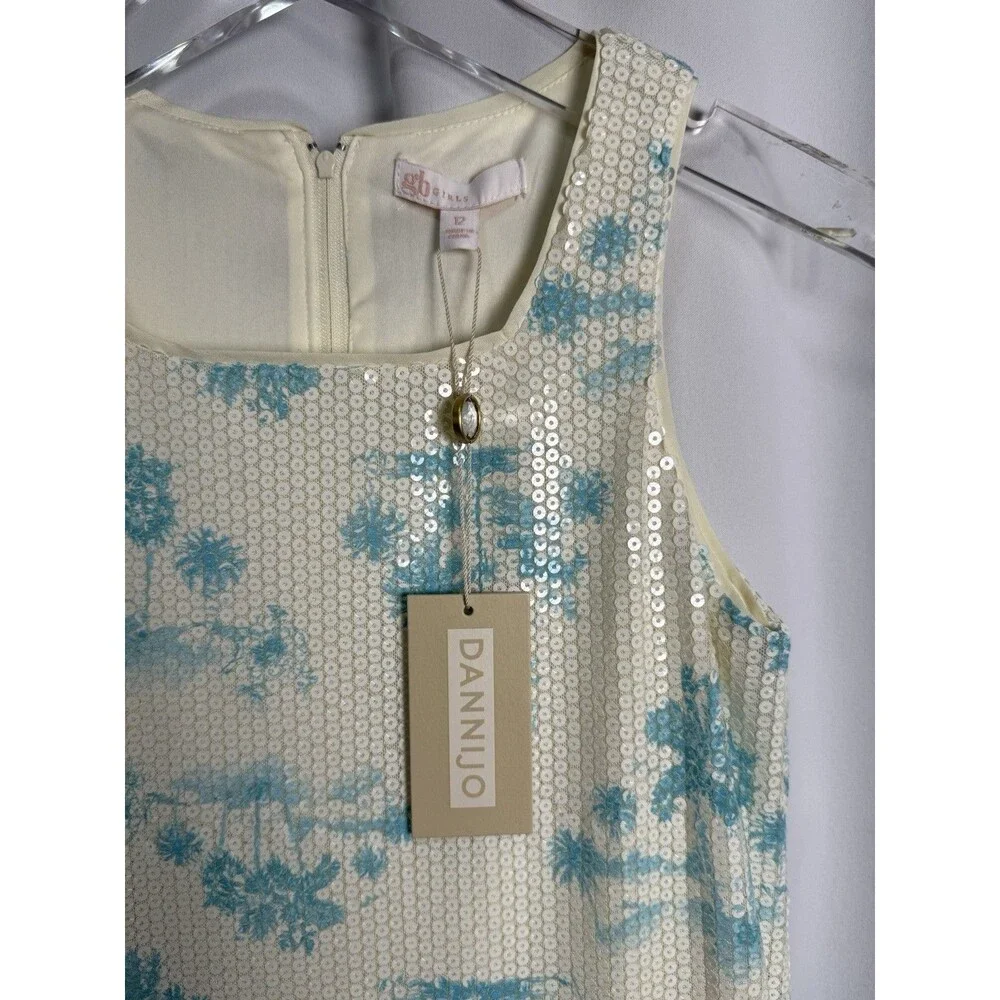 GB Girls x DANNIJO Big Girls 7-16 Palm Tree Printed Sequin Shift Dress Sz 12 New
